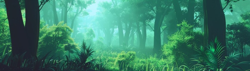Fototapeta premium Serene green forest with dense foliage and misty sunlight, creating a tranquil atmosphere perfect for nature and outdoor themes.