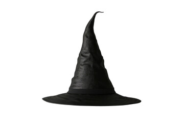 Fototapeta premium Black witch hat with a pointed tip and a wide brim, PNG Collage Element for Halloween or fantasy themes.