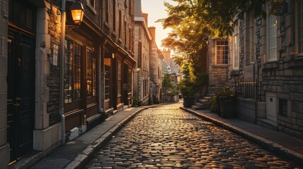 Fototapeta premium Charming cobblestone street in a historic European town at sunset, lined with old buildings and soft, warm lighting.