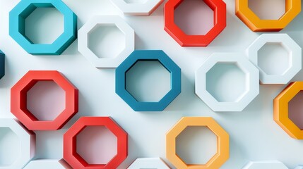 Colorful geometric octagonal shapes arranged creatively in a modern, abstract art pattern on a white background. Ideal for design and decor projects.