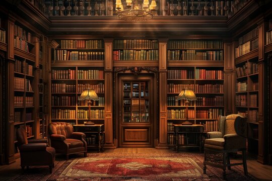 Vintage library with wooden bookshelves, armchairs, and warm lighting, perfect for study or reading in a cozy, elegant atmosphere.