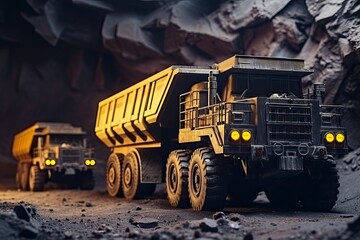 Several huge quarry trucks carry the rock for beneficiation and processing. Large quarry dump trucks.