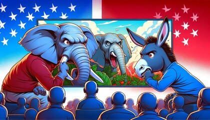 Anxious Elephant and Donkey Watching Large Screen emotions of anxiety and anticipation American Election