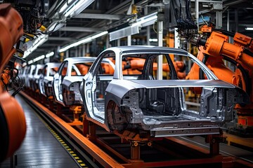 Mass production assembly line of modern cars in a busy factory Automatic construction, building, welding industrial production conveyor. Automobile assembly line production.