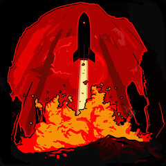 Big Rocket Entering Fiery Cavern with Glowing Red Rock and Flowing Magma