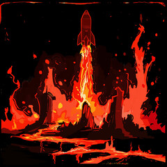 Huge Rocket Plunging into Fiery Chasm Surrounded by Molten Rock and Lava