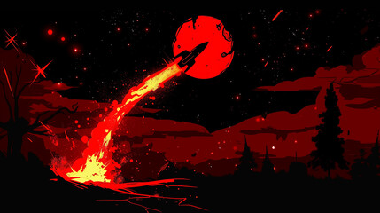 Rocket Ship Launching Toward a Red Hellish Moon in Vibrant Outer Space Scene