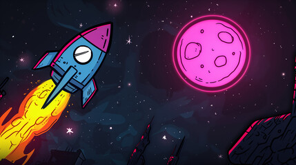 Memecoin Meme: Rocket on Left Aiming at Moon in Deep Space with Twinkling Stars