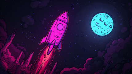 Generate a Meme: Rocket Ascending Towards Moon with Dark Starry Background
