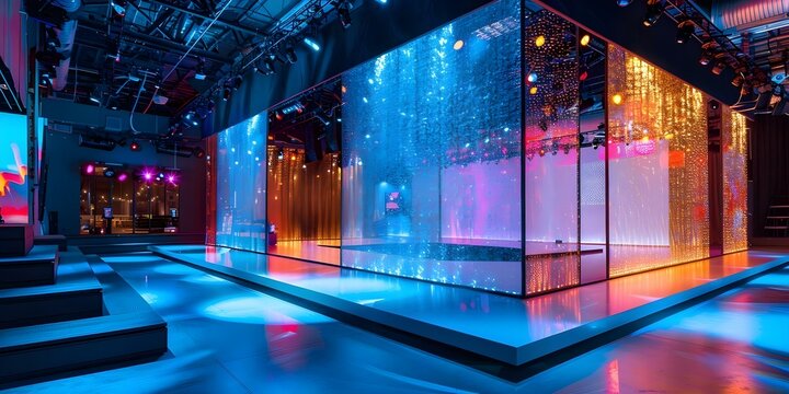 Creating holographic displays on modern metallic stage structures using LED panels. Concept Holographic displays, Metallic stage structures, LED panels, Modern technology, Visual effects