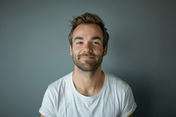 A close up portrait of a young man with a subtle smile