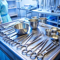 collection of clean, metallic surgical instruments neatly arranged on a stainless steel table