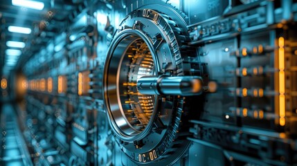 Fototapeta premium A close-up of a futuristic, metallic, industrial machine with gears and mechanisms. The blue and orange lighting creates a dramatic effect.