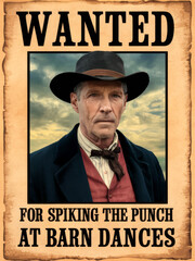 A vintage wanted poster features a stern-faced man in a cowboy hat, accused of "spiking the punch at barn dances." The poster has a weathered, old-western appearance with bold lettering.