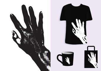 Five-Finger Hand Gesture Rear View with Grunge Effect in Retro Style for T-Shirt, Tote Bag, and Cup Design. Merchandise and Print. Mock-up templates Included.
