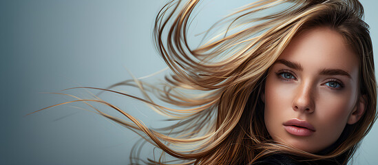 Fototapeta premium Elegant Portrait: Beautiful Woman with Long Hair Flowing in the Wind, Captured in a Studio Beauty Photoshoot. Posing for a cosmetic commercial. Skin care products advertisement concept. Generative AI.