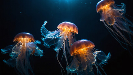 glowing sea jellyfishes on dark background, glowing sea jellyfishes in clean blue water, jelly fish, water, blue water, ai generated