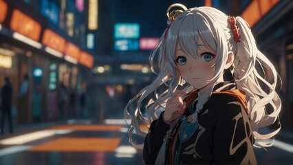 Anime Girl in Vibrant Night Cityscape