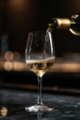 Fototapeta premium An elegant glass of white wine being poured, against a dark bar background.