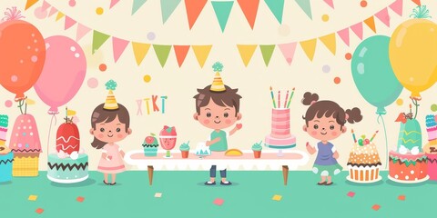 Fototapeta premium Three happy children are celebrating a birthday party. There are a lot of delicious cakes and colorful balloons on the table.