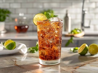 A professional photo of a cold drink being served on a glass on top of a kitchen counter.