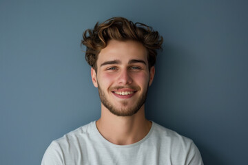 A close up portrait of a young man with a subtle smile