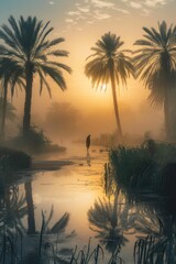 Obraz premium Golden hour photo of an oasis with date palm trees and a misty atmosphere. A mysterious figure stands among the palms, adding intrigue to the serene scene.