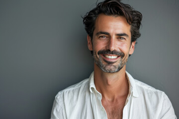 A close up portrait of a young man with a subtle smile