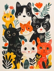 Playful Pets Risograph A Group of Animal Friends Showcasing Depth and Charm