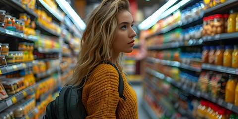 Woman explores supermarket shelves discovering a world of flavors and choices. Concept Exploring Supermarket, Flavors, Choices, Shopping Experience