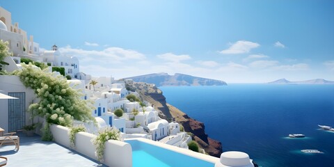 Daytime panoramic view of white houses on cliffs in Santorini Greece. Concept Travel Photography, Santorini Island, Coastal Landscapes, Greek Architecture, Daytime Scenery