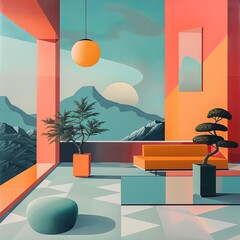 Picture of living room with sofa and green plant in pot. Cozy atmosphere in the room. Image in watercolor style. Illustration for cover, card, postcard, interior design, decor, etc.