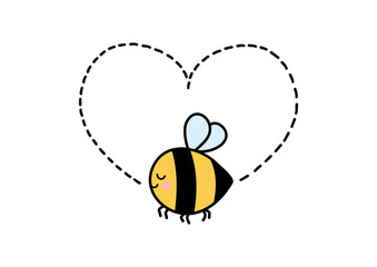 Happy smiling cartoon bee with love heart trail