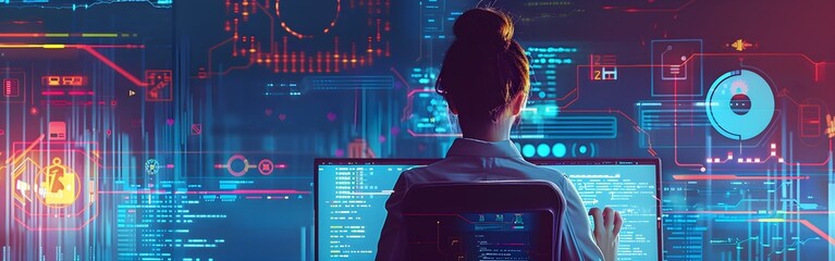 Data science business intelligence laptop and technology Woman