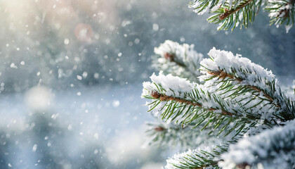 Beautiful winter scenery with pine or fir tree branches covered with snow. Cold weather. Close-up.