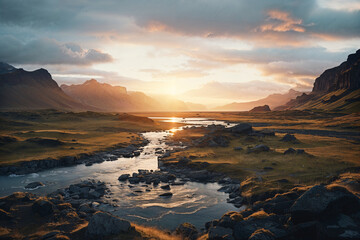 Sunset over tranquil river with mountain backdrop. Generative AI image