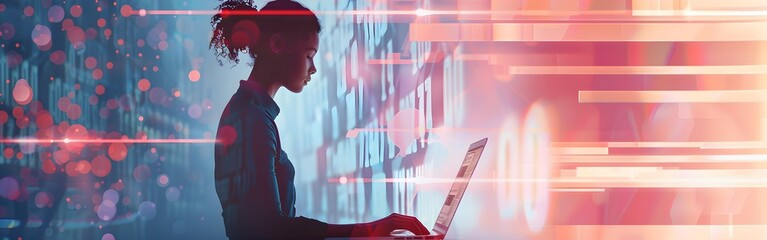 Data science business intelligence laptop and technology woman