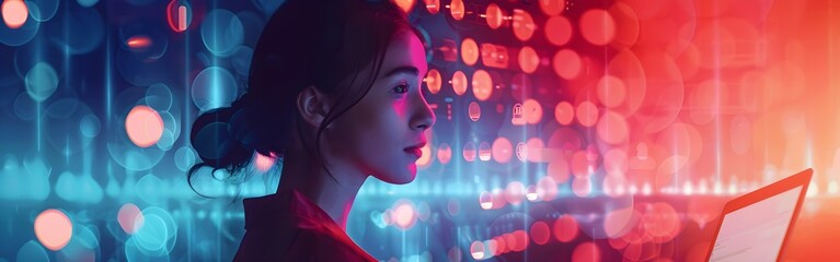 Data science business intelligence laptop and technology woman