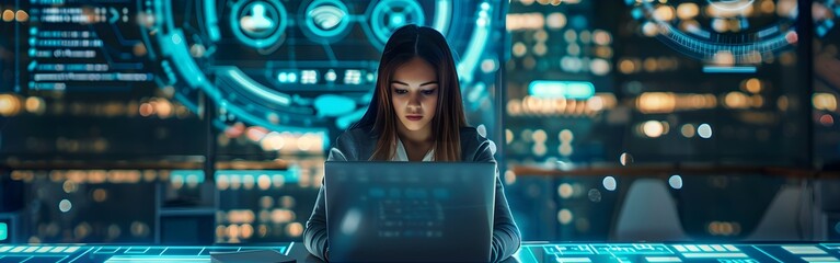 Data science business intelligence laptop and technology woman