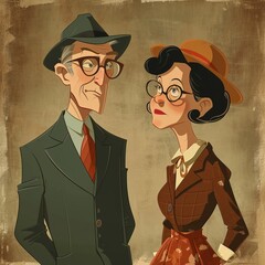 a 1960s bachelor uncle and old maid aunt, drawn in the animated style of Norman Normal Animation