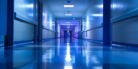 Fototapeta premium Hospital hallway in shadows with dead end. Concept Hospital, Shadows, Dead End, Creepy, Hallway