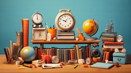 Assorted school supplies on a wooden desk including notebooks, pencils, and a calculator

