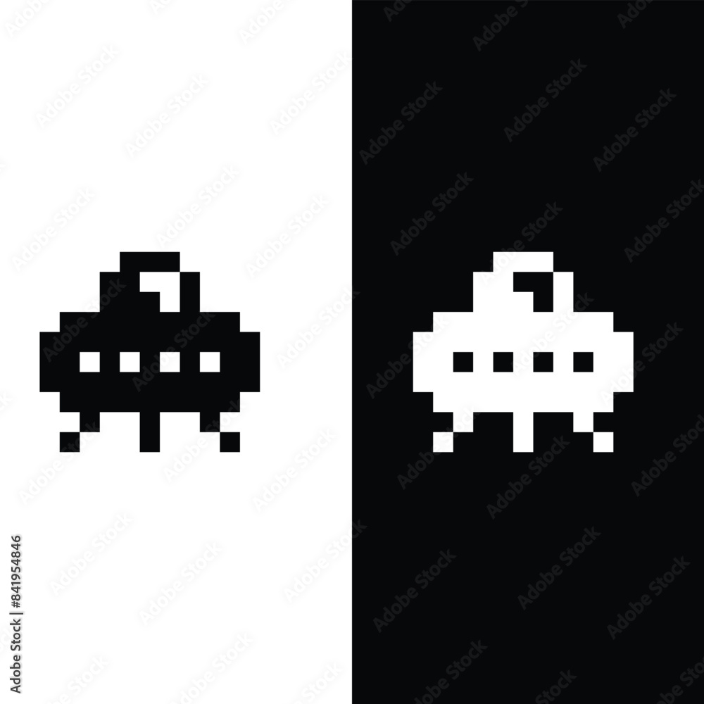 Poster pixel art ufo vector icon spaceship pixel element for 8 bit space arcade game