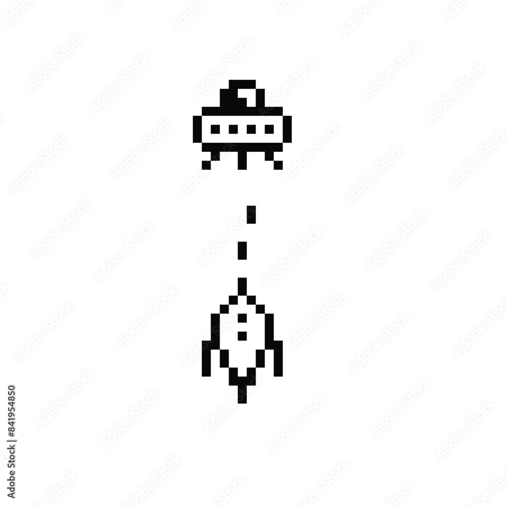 Poster pixel art ufo vector icon spaceship pixel element for 8 bit space arcade game
