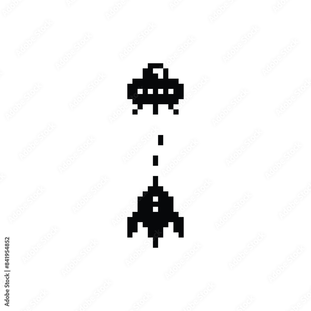 Poster pixel art ufo vector icon spaceship pixel element for 8 bit space arcade game