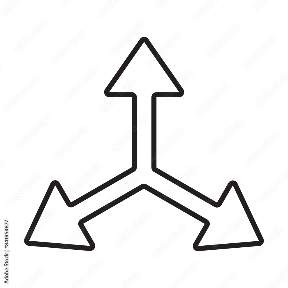 Poster three-way direction arrow icon with stroke line. abstract three head arrows silhouette. road directi