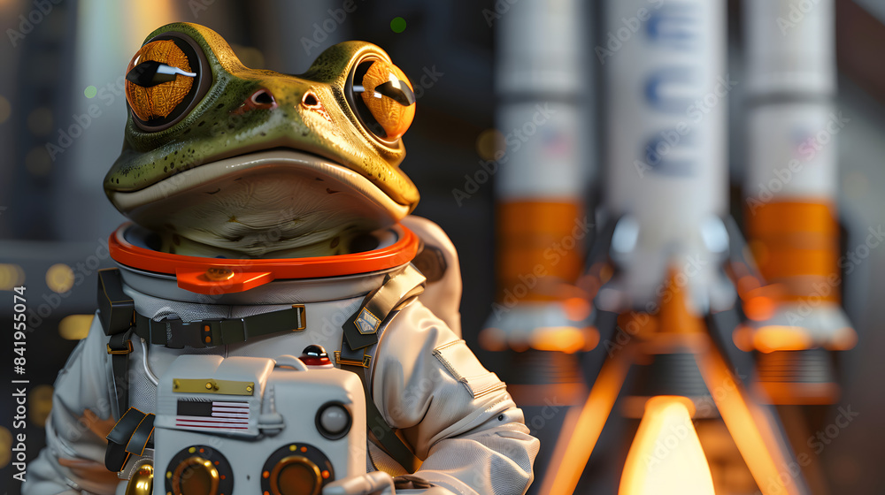 Poster a frog dressed in a space suit and standing in front of a rocket