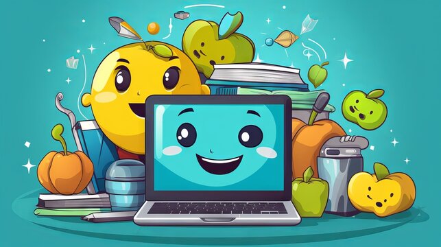 Smiley stickman working diligently on a laptop surrounded by school accessories, representing a fun and engaging school concept.

