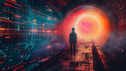 A futuristic. cyberpunk inspired poster design. The layout includes elements like digital symbols representing time travel or virtual reality landscapes 