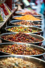 Fototapeta premium Closeup of a Chinese market, no people, flat lay perspective with a wide-angle lens, bright daylight, high contrast, sports background, energetic and dynamic mood.